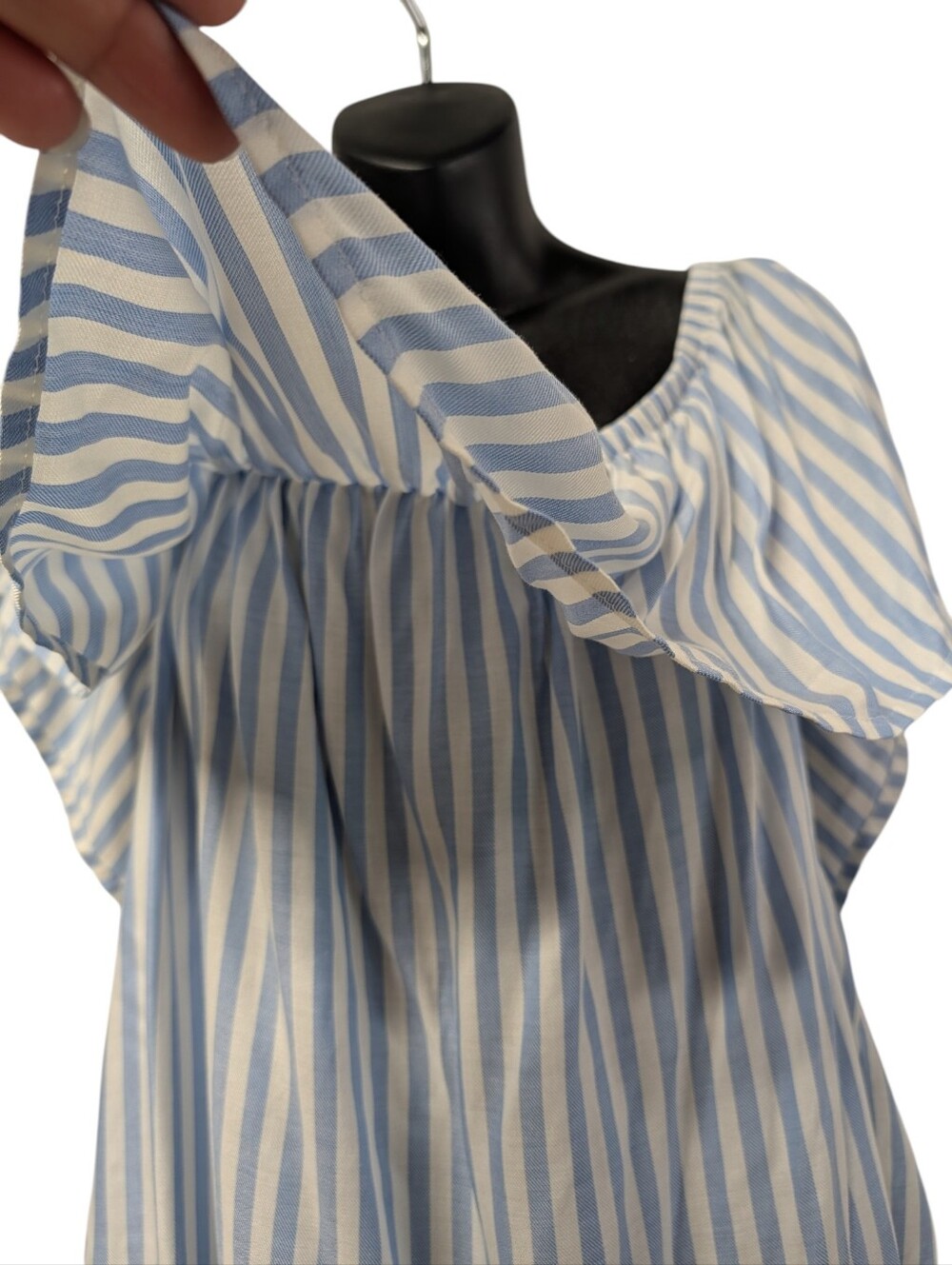 Maitai 2X Blue White Stripe Ruffle Off Shoulder Puff Sleeve Blouse NWT - Picture 5 of 9